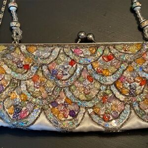 Vintage Y2K Embellished Multicolor Clutch with Beaded Handle and Long Chain
